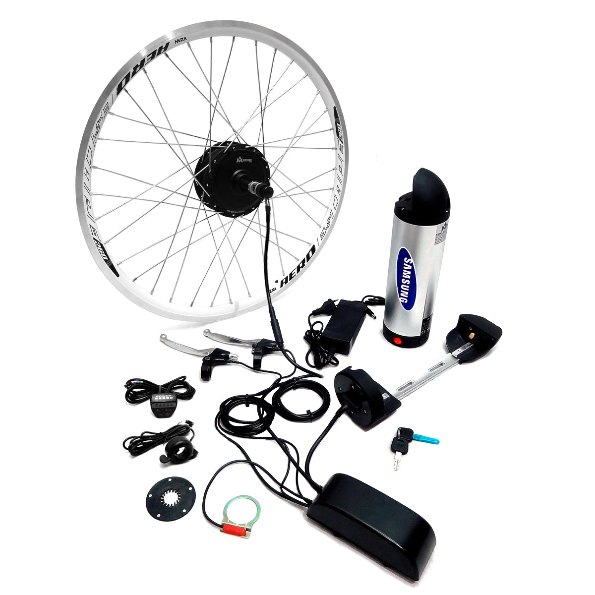 Kit Traseiro Bicicleta Elétrica 350W 36V T320 Bateria Lithium Samsung 6/8V Freio à Disco Preto Aro 24 Branco